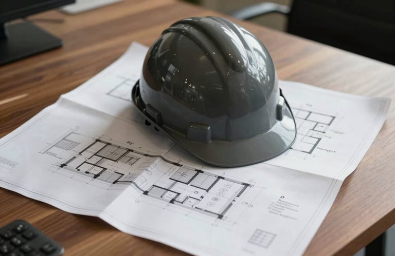 A flat lay of architectural blueprints and a dark gray hard hat on a wooden desk with professional natural lighting in a Dallas-Fort Worth office.