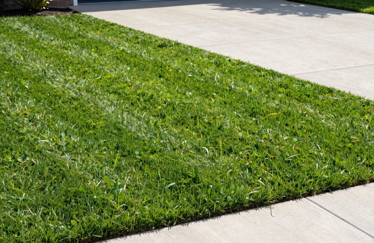 A high-angle professional photograph of a residential lawn featuring perfectly straight, diagonal mow lines in vibrant leaf green grass. The lighting is clear afternoon sun, emphasizing the sharp edges against a clean concrete driveway. Modern and precise style.