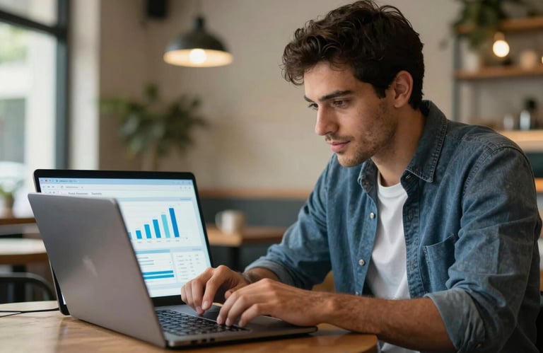A digital entrepreneur analyzing metrics on a laptop with soft mint and professional blue UI elements in a Latin American / Spanish cafe.