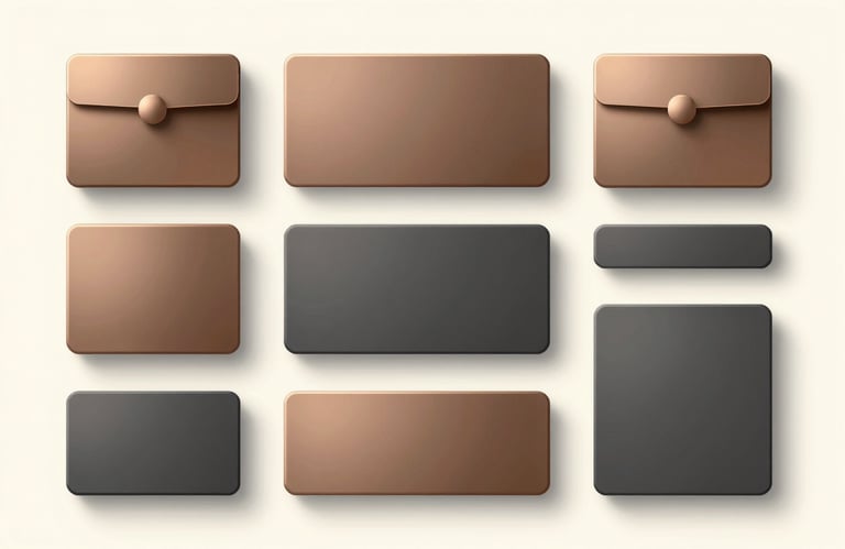 Clean, top-down view of organized office supplies in shades of bronze #b5957a and charcoal #2F2724 on a cream background, representing workflow precision.