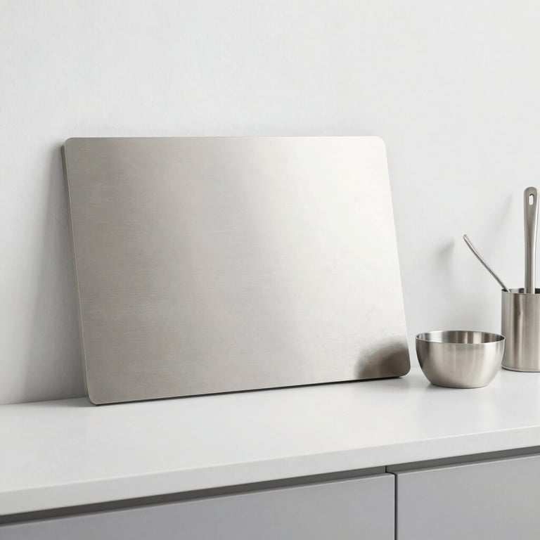 Close-up of a sleek stainless steel cutting board resting on a cream-toned surface.