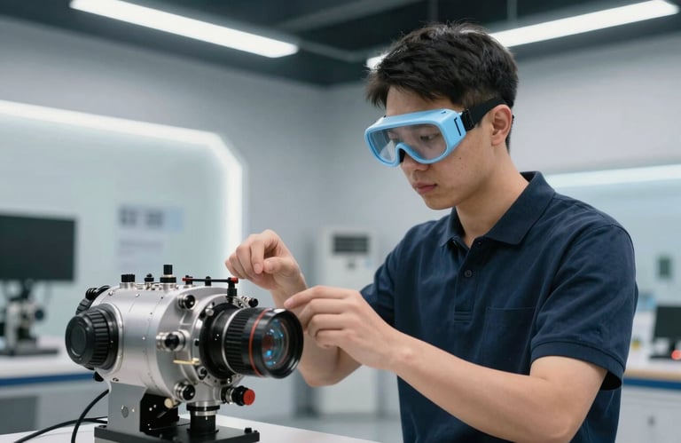 A professional trainee wearing light blue goggles, interacting with a virtual mechanical engine in a sleek, industrial design studio. Bright, clean lighting, North American / Global context.
