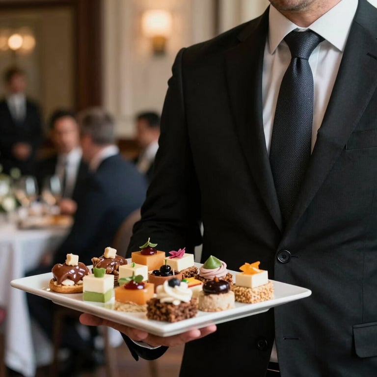 A close-up of a professional server in a sharp black suit and tie, carrying a platter of gourmet appetizers through a sophisticated North American event venue.