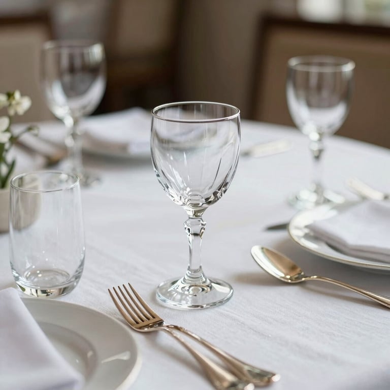 A macro shot of polished crystal glassware and silver cutlery neatly arranged on a white linen tablecloth for a luxury dinner in a North American setting. The lighting is bright and airy.