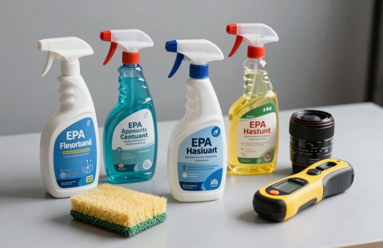 A collection of professional, EPA-approved cleaning agents and advanced moisture detection tools on a clean light gray surface.