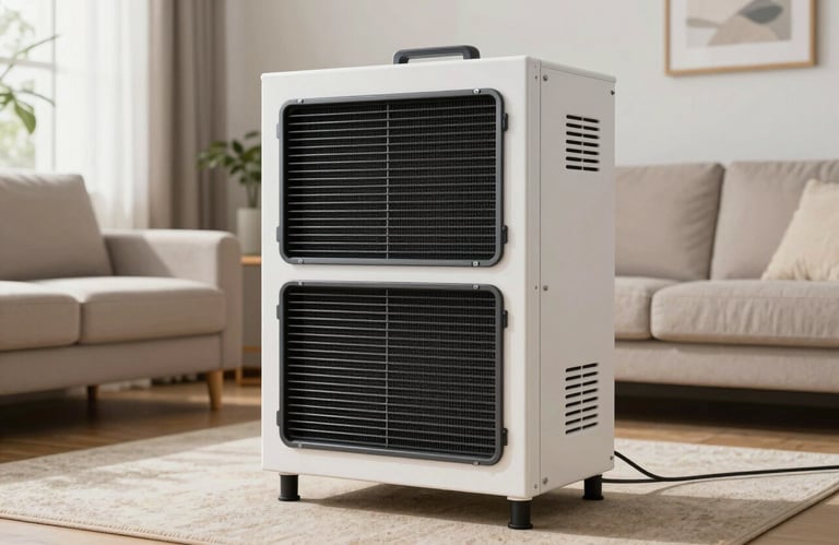 A high-efficiency air scrubber machine operating in a clean, brightly lit North American living room, ensuring purified indoor air.