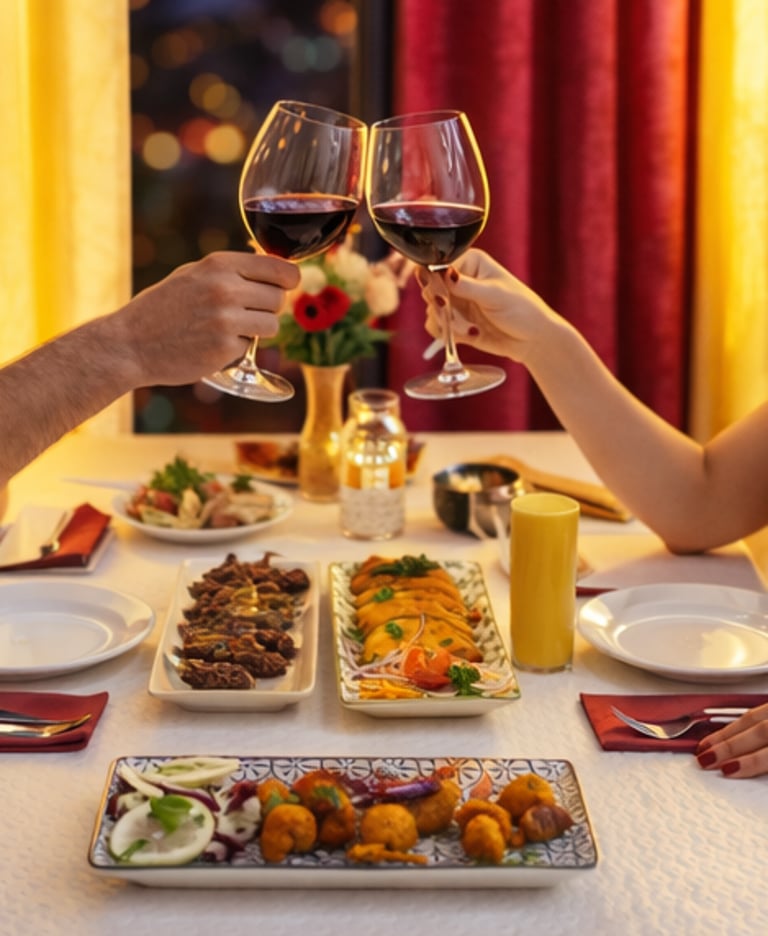 Couple toasting red wine glasses over a gourmet dinner table with Mediterranean appetizers.