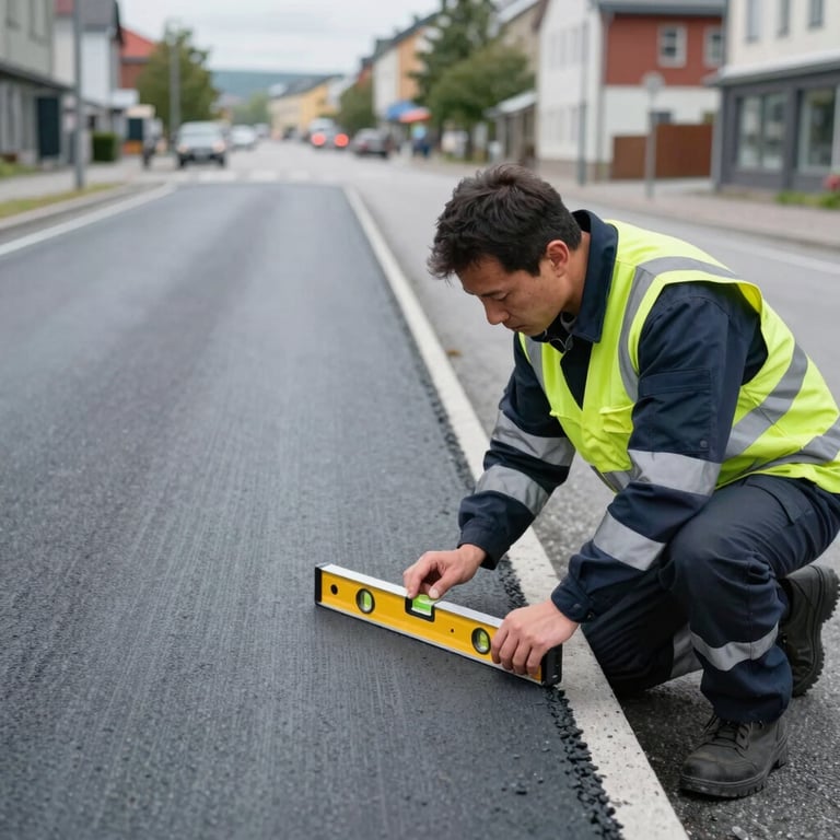 A technician in professional safety attire inspecting a smooth, finished road surface with a level tool in a Northern European urban setting.