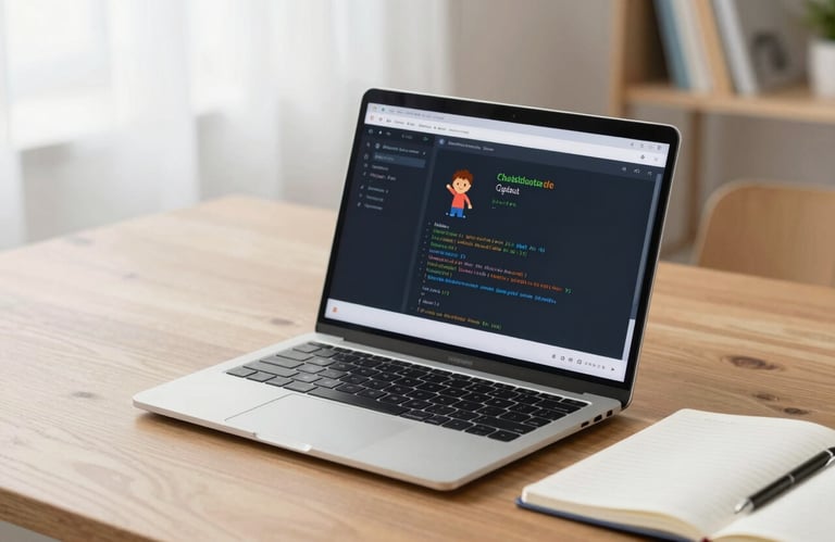 A sleek, silver laptop open on a wooden desk with a student's notebook nearby. The screen shows a child-friendly coding interface. Sharp focus, clean and minimal aesthetic.