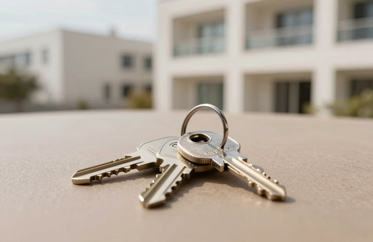 A close-up of a set of keys on a warm taupe surface. The background shows a modern, well-maintained building in soft off-white.