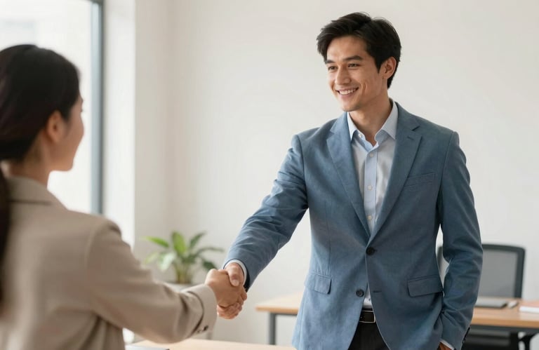 A professional real estate agent shaking hands with a client in a modern office. The agent wears a muted blue blazer. Natural light fills the room with soft off-white tones.