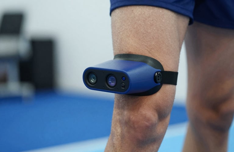 Close-up of a high-tech motion tracking sensor on an athlete's leg during a gait analysis. Professional sports science aesthetic with #0A2E5B and #2EB6B2.