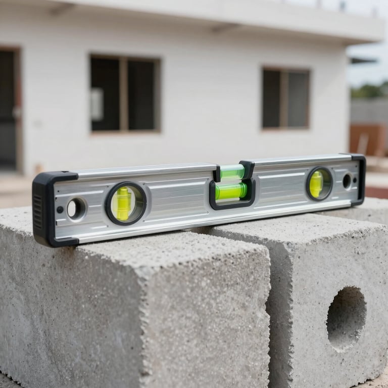 A close-up photograph of high-quality construction materials, including polished steel levels and concrete blocks, set against a backdrop of a newly finished white wall in a Jamaican commercial building. Professional and clean composition.