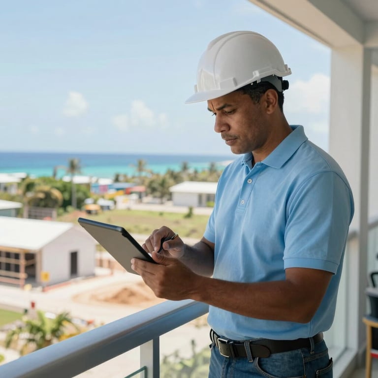 A professional construction consultant in a light blue polo shirt and safety gear reviewing a digital tablet while standing on a breezy Caribbean veranda overlooking a project site. The scene exudes trustworthiness and modernity.