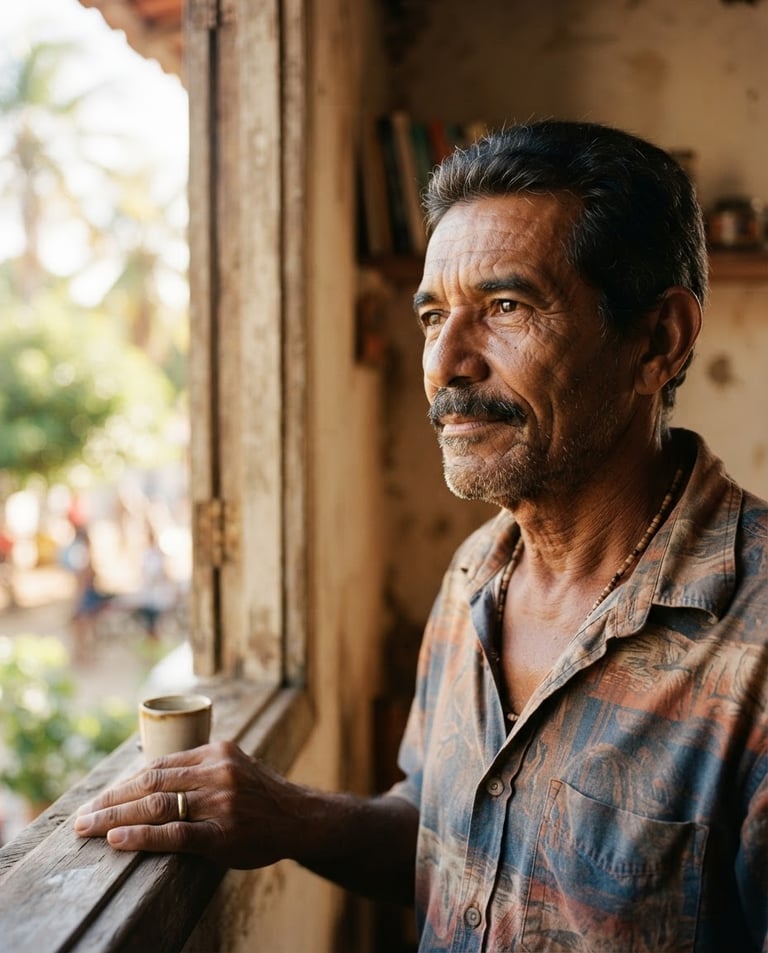 A warm editorial close-up portrait of an older Brazilian man looking thoughtfully out of a sunlit window, soft natural lighting, shallow depth of field, 35mm style