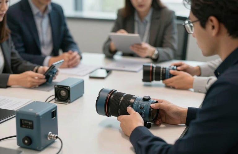 Photography of a collaborative professional team meeting in a North American / US corporate setting, using dusty blue equipment on a pale mist table.