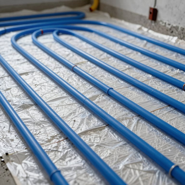 Close-up of neat blue hydraulic floor heating pipes installed on an insulation layer before pouring concrete, professional craftsmanship, Northeastern France / Grand Est.