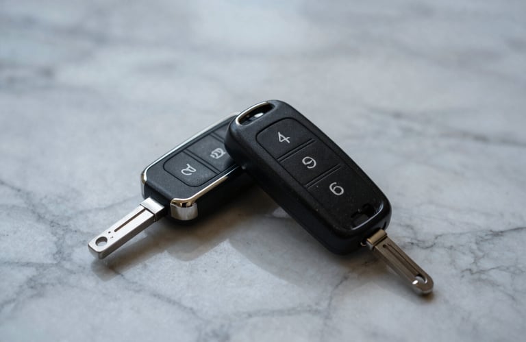 A pair of luxury car keys laying on a polished pale mist marble surface with subtle midnight blue accents.