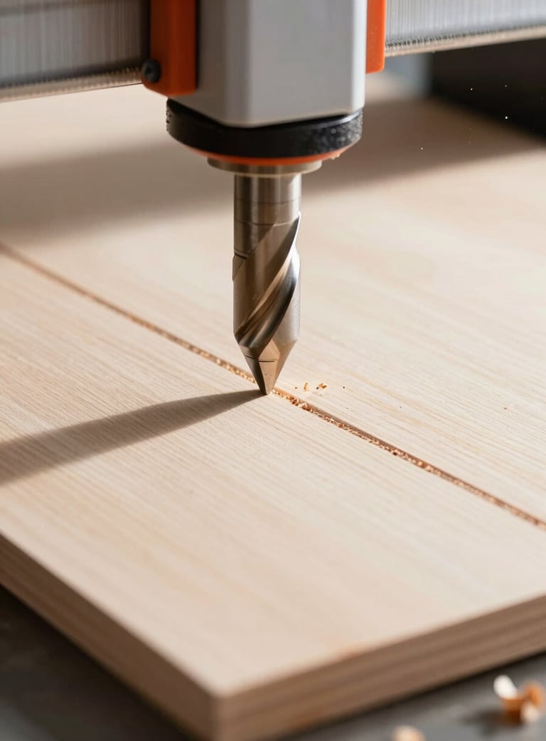 Macro close-up of a CNC router bit cutting a clean path into a birch plywood sheet, bright workshop daylight, wood shavings flying, sharp focus