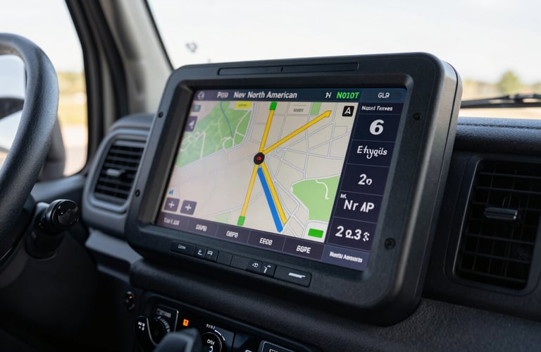 A close-up shot of a high-tech GPS and routing display inside a modern truck cabin, emphasizing efficiency and technological reliability in North American transportation.