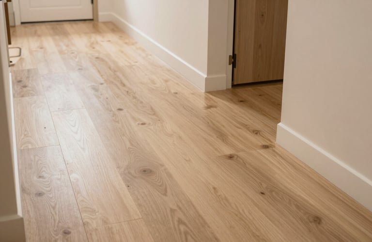A clean, high-angle shot of a hallway in a Brazilian home featuring light beige laminate flooring. The finish is seamless and reflects soft, warm overhead lighting, showcasing the elegant wood texture.