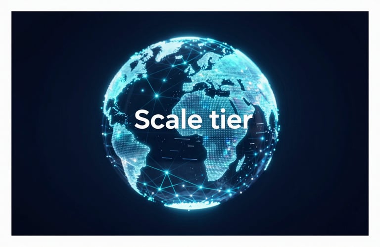 A glowing digital globe connected by teal light networks on a dark navy background, representing the unlimited geographic reach of the Scale tier.