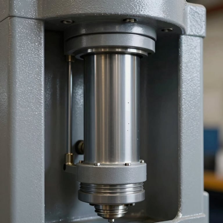 Close-up detailed shot of a clean, well-maintained hydraulic piston on heavy machinery, highlighting industrial precision and slate gray tones.