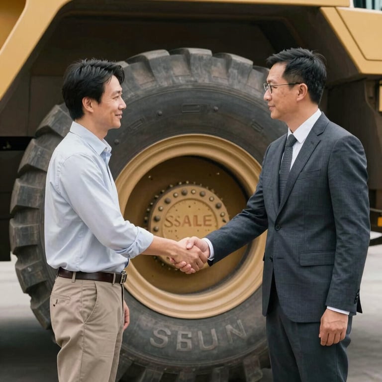 Two professionals in business casual attire shaking hands in front of a massive mining truck tire, signifying a successful sale.