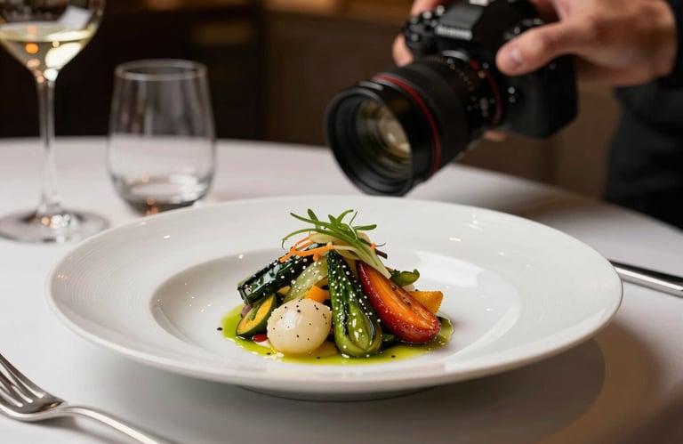Behind-the-scenes photography in a high-end North American restaurant. A professional photographer is capturing a beautifully plated dish of seasonal vegetables. Soft, warm ambient lighting.