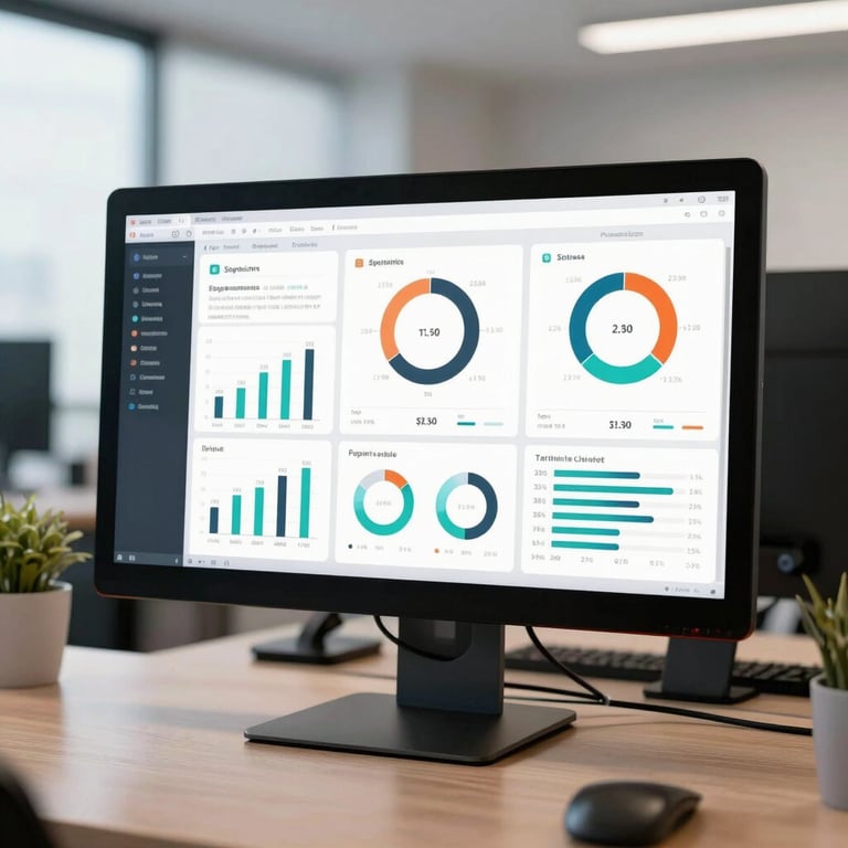A professional digital dashboard with clean charts and KPIs displayed on a modern monitor in a bright Spanish office hub.