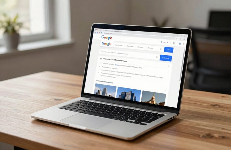 A modern laptop screen showing a Google Search Results page with top rankings for a business, placed on a clean wooden desk in a South Asian office, soft morning light.