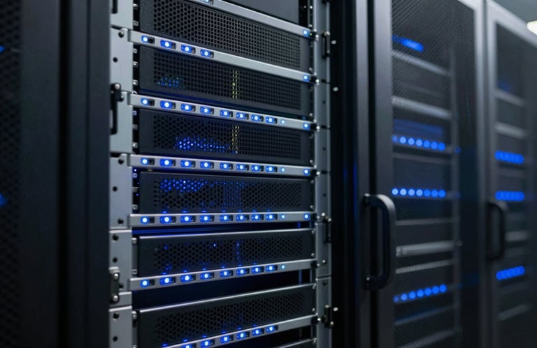 Detail of a high-tech computer server room with soft blue indicator lights, representing security and scalability, professional and reliable atmosphere in a US data center.