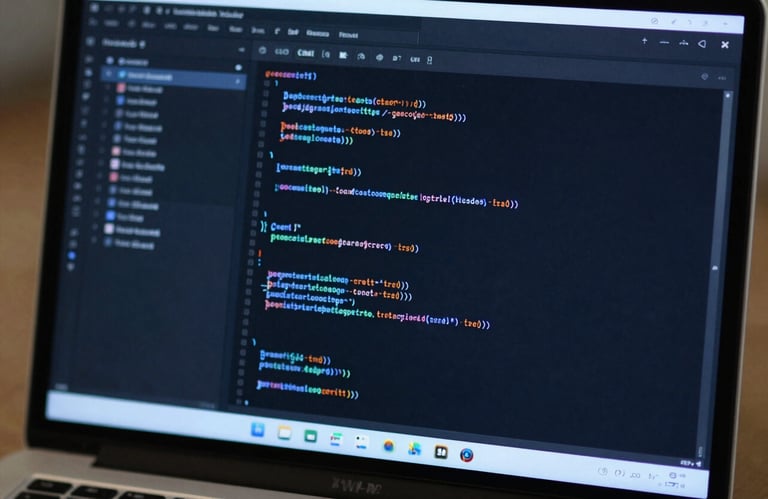 A close-up of a high-resolution laptop screen showing lines of clean code in a professional dark-mode editor, with soft blue lighting.