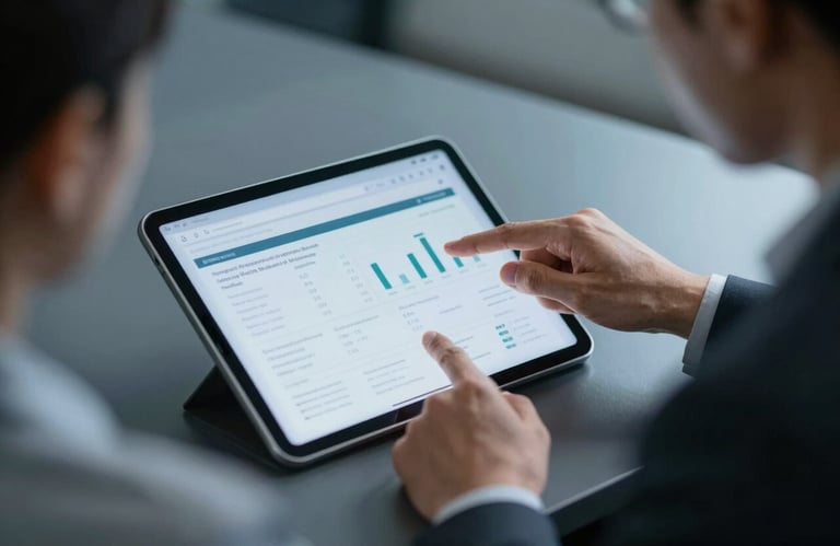 A professional consultant pointing at a tablet screen while explaining data to a client. The focus is on the tablet and the hands. The lighting is sophisticated, with medium blue and slate blue tones.