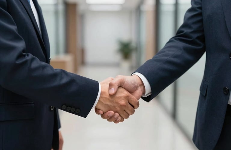 A professional handshake between two people in an office corridor. The scene is shot from the side, emphasizing the firm grip and professional attire in dark navy and slate blue.