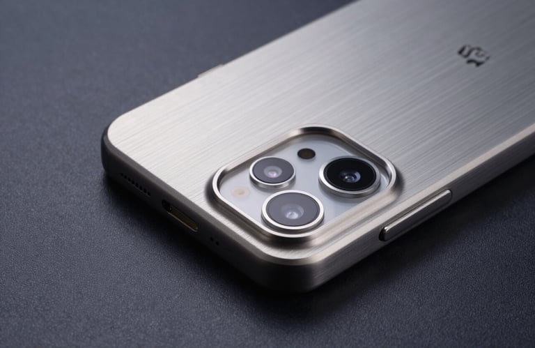 A close-up of a premium brushed aluminum Android phone casing with precise engineering details, resting on a dark navy surface in a professional studio setting.