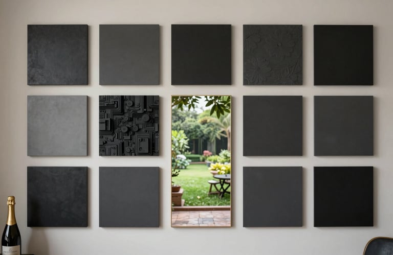 An architect's studio setting with a mood board showing luxury champagne and charcoal color schemes, with a view of a lush Delhi garden outside.