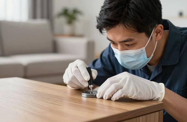 A technician wearing white protective gloves performing a precise inspection behind furniture in a clean North American / US living room, focusing on thoroughness and safety.
