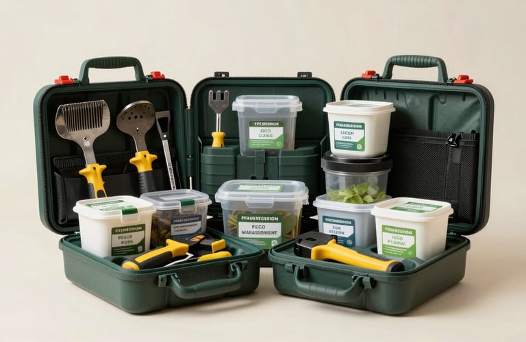 A collection of professional pest management tools and eco-friendly containers neatly arranged in a dark slate green kit, set against a soft off-white background in a North American / US home setting.