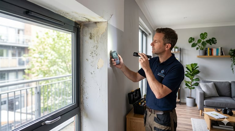 Profesional revisando moho y humedad por condensación en pared junto a ventana