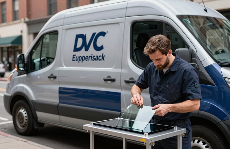 A professional mobile repair van, clean and branded with silver and navy blue, parked on a street in a US city. A technician is carefully unloading high-quality glass. Professional, trustworthy atmosphere.