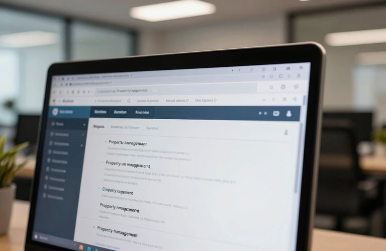 A close-up of a professional computer screen showing an organized property management software interface, with a blurred modern Brazilian office in the background, sharp focus, professional lighting.