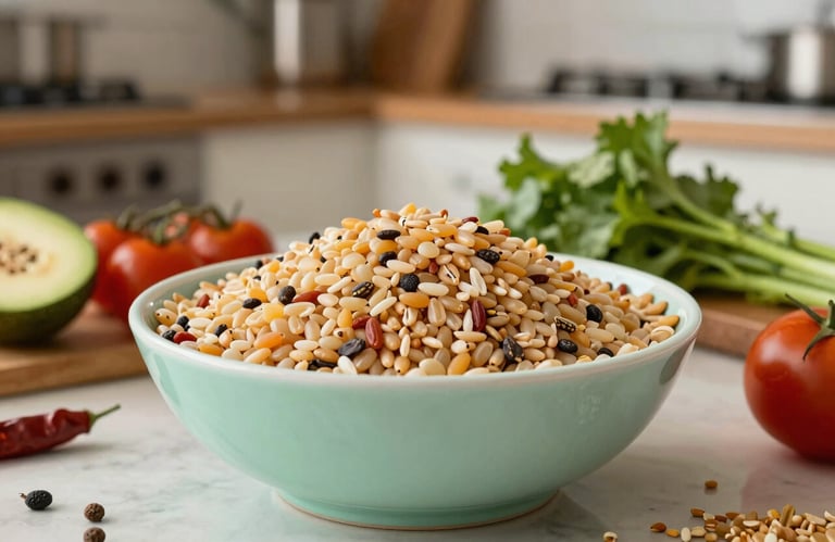 A professional still life of nutritious local grains and fresh vegetables in a soft mint colored bowl, set in a bright East African / Ethiopian kitchen environment.