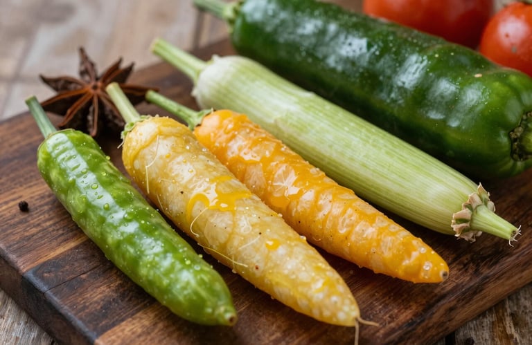 Close-up of fresh, vibrant vegetables and artisanal spices on a dark brown wooden rustic board. Natural, bright lighting. Latinoamericano produce.