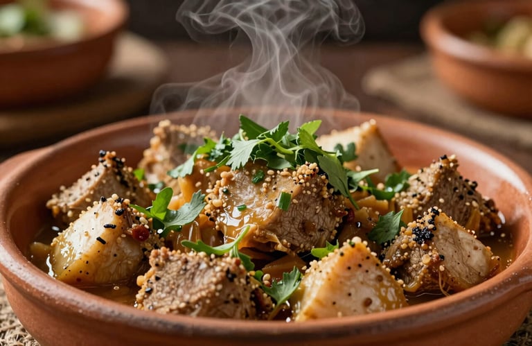 Close-up of a steaming traditional dish being garnished with fresh herbs in a terracotta-colored ceramic plate. Warm lighting. Latinoamericano style.