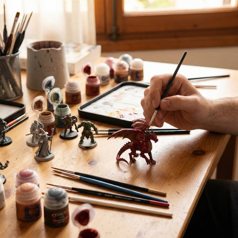 Close-up of hands carefully painting a tiny fantasy miniature with fine detail brush.