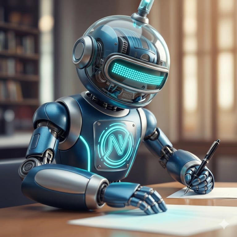 A blue AI writing robot with a glowing digital visor sits at a desk using a pen to write on paper.