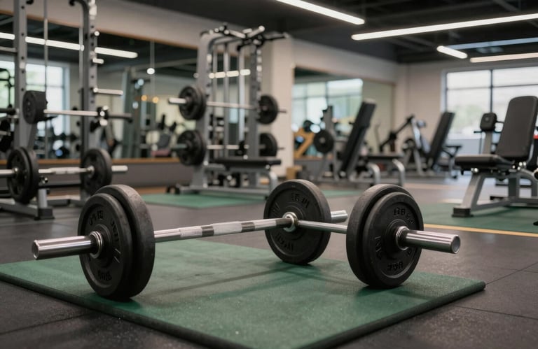 Photography of a high-end fitness center interior with charcoal weights and muted green mats, clean lines, professional gym aesthetic in North American / British style.