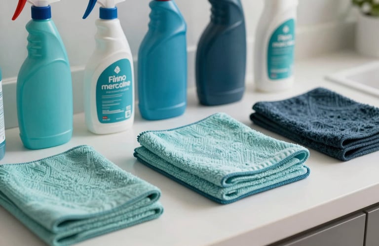 A collection of professional cleaning supplies and microfibre cloths neatly arranged on a pristine white counter. Color palette includes muted cyan and dark slate teal branding.