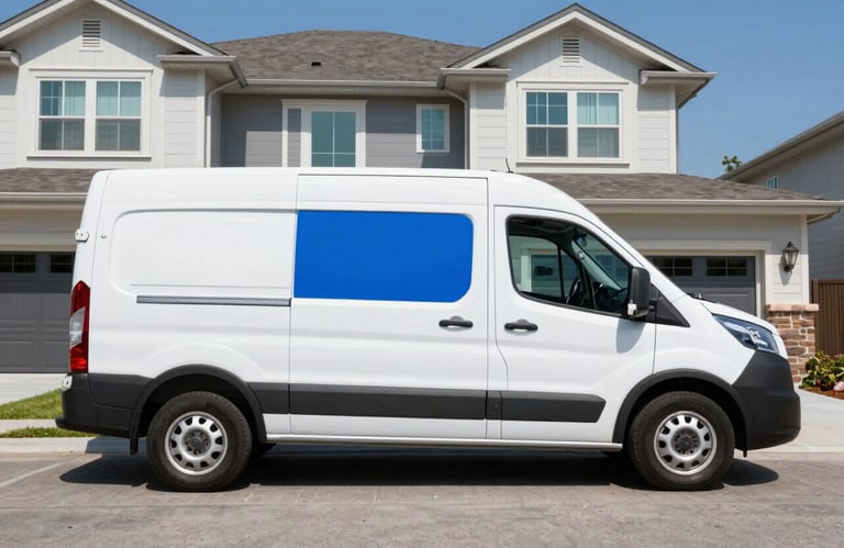 A clean white service van with vibrant blue branding parked in front of a modern North American / US residence during a clear, sunny day.